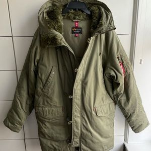 Alpha Industries Men's XL Green N-3B Herringbone Faux-Fur Trimmed Cotton Parka